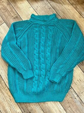 Vintage teal cable-knit fisherman sweater M